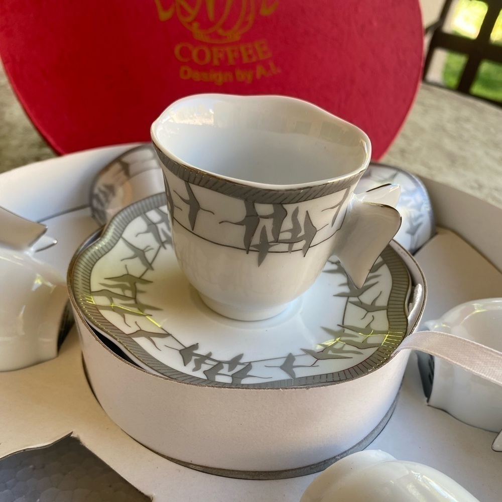 COFFEE by A.I. Vintage Espresso Porcelain Set of 6 Cups&Saucers White Silver NEW